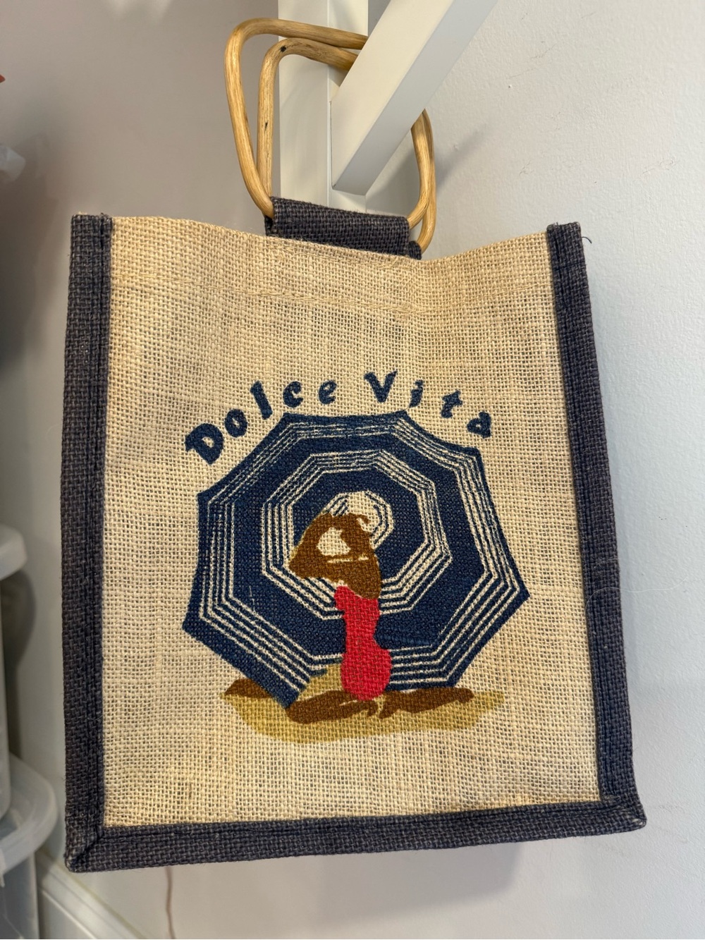 Source Unknown Beige Jute Tote with Navy Trim and Multicolor Embroidery